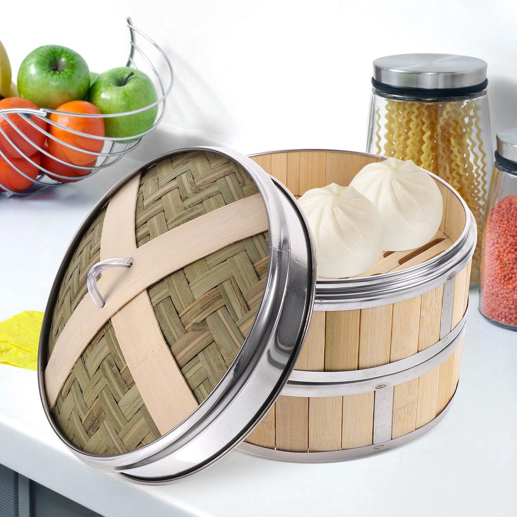 1Set Bamboo Steamer Basket 10 Inch Multi-Layer Food Steamer for Dumplings Buns Dim Sum Rice Vegetables Eggs Corn Potatoes Steam