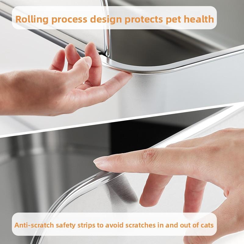 2025 Stainless Steel Cat Litter Box Non-Stick Semi-Enclosed Cat Bedpans Odor-Proof & Anti-Splash Pet Toilet with High Sides
