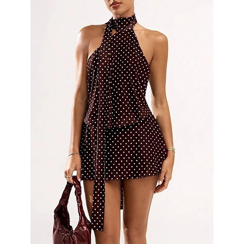 European and American temperament women's clothing polka dot sleeveless neck waist dress sexy backless mini mesh skirt