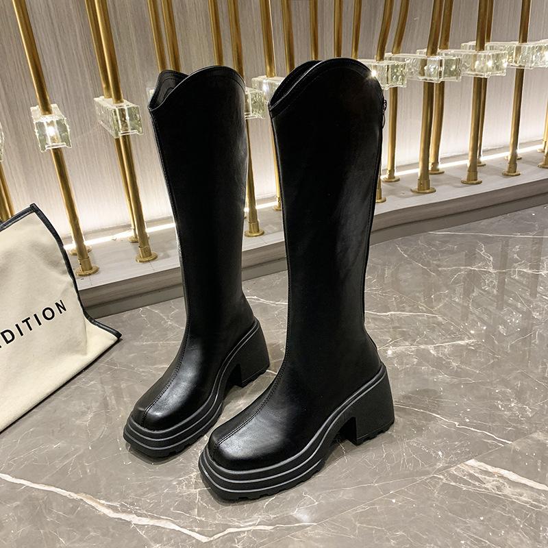 Thick-soled boots women's 2025 autumn and winter new British style but knee V-mouth knight boots heightened round head boots