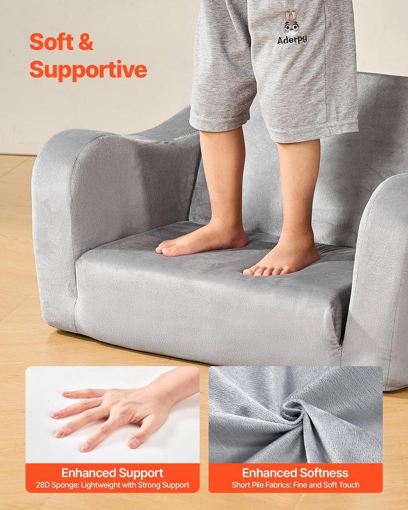 2-in-1 Kids Sofa, Foldable Toddler Soft Couch with Armrests, Made of 28D Sponge & Short Pile, Convertible Toddler Chair To Lounger, Kid Couch Fold Out
