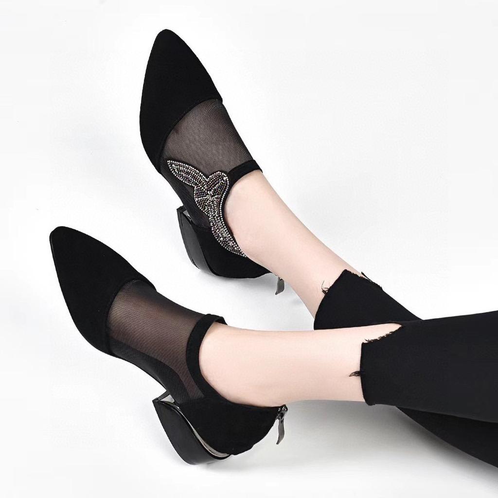 Pointed Mesh High Heels Women's Spring and Summer New Sheepskin Rhinestone Single Shoes Breathable Mesh Shoes Fashion Shoes