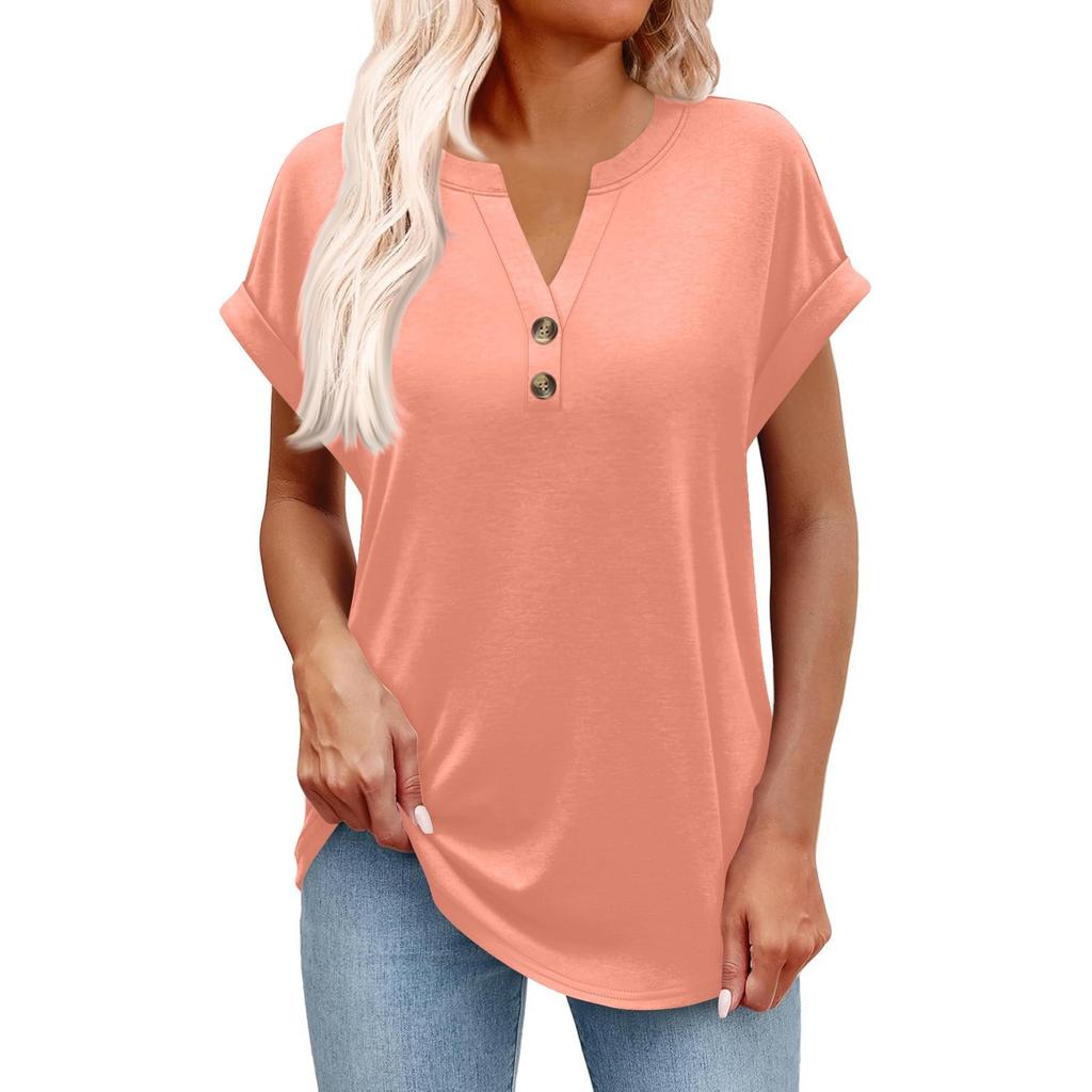 Women's Fashionable Casual Short-sleeved V-neck Button Printed Pullover Top