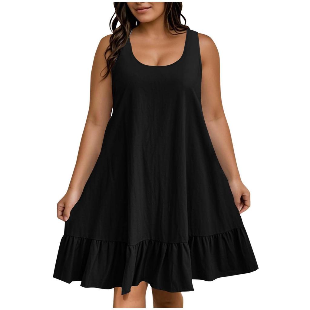 Women's Plus Size Casual Fashion Solid Color Round Neck Sleeveless Dress