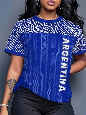 Women'S Argentina Team Trendy Short-Sleeve T-Shirt with a Deep Sapphire Blue Background. Printed with The Word ;ARGENTINA; And a Full-Print Geometric