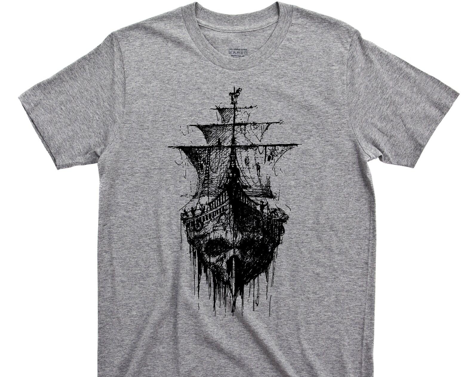 Pirate Skull Ghost Ship T Shirt - Skull & Crossbones Graphic TShirt L