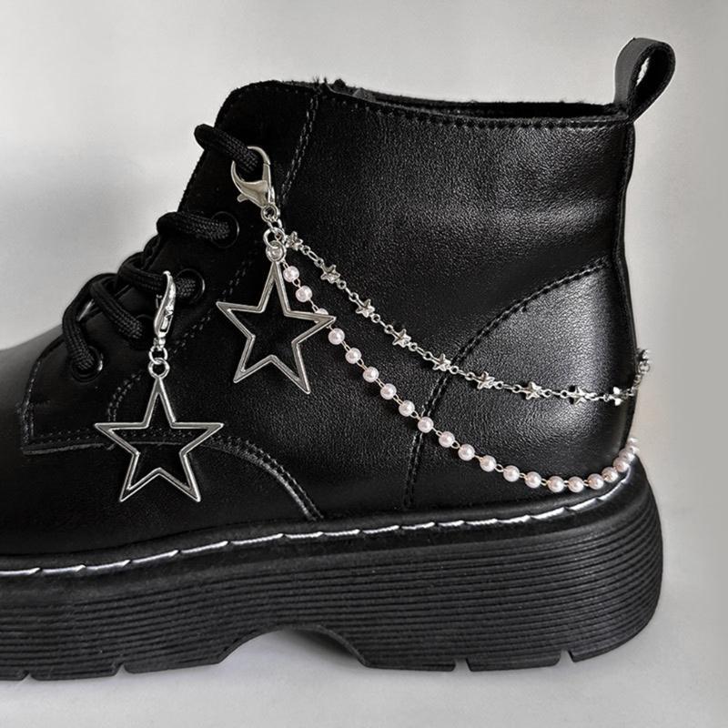 Doppellagige Schuhkette Canvas Schuhe Ketten Punk Stil Stern/Herz Perlen Schuhschnallen Schmuck Trendy Y2k Accessoires