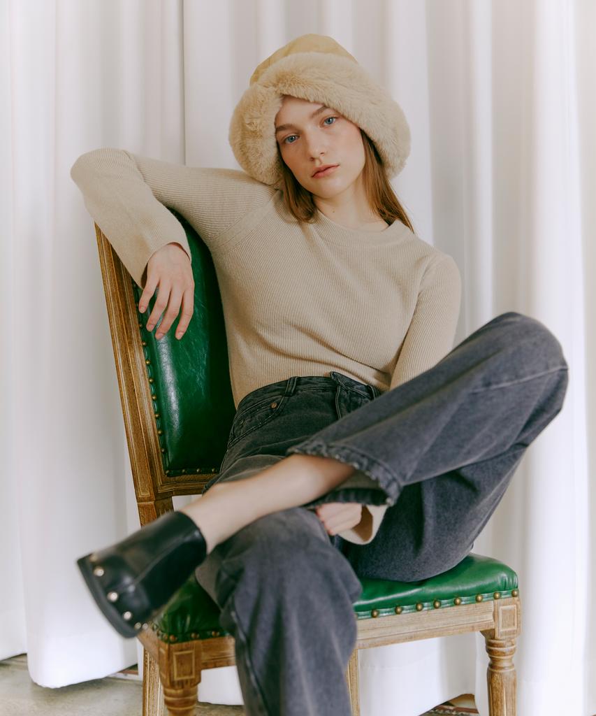 ETMON Bell Sleeve Knit Top Beige