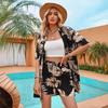 Summer Women's Printed Casual Vacation Style Cardigan And Shorts Set