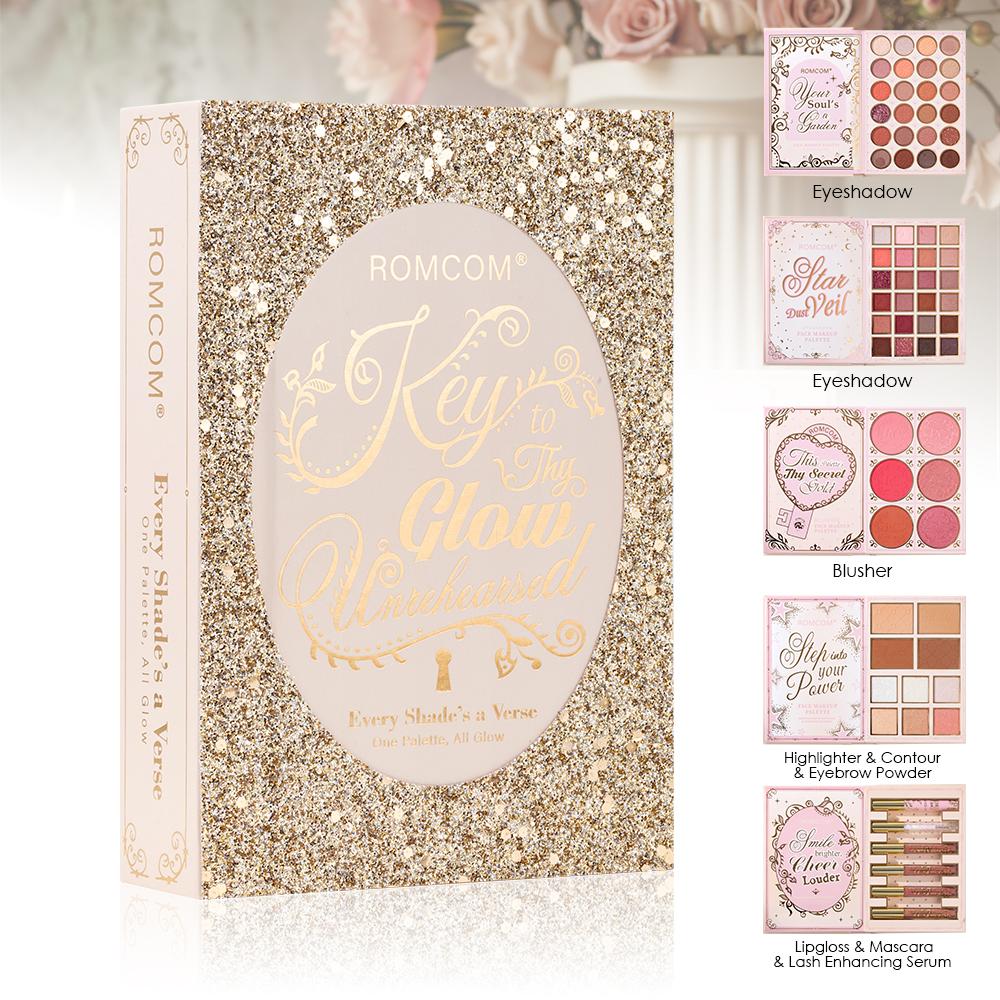 ROMCOM All-in-One Buch Make-up Set - Mega Vollständige Make-up Palette mit Lidschatten Rouge Highlighter Kontur Augenbrauenpuder Lipgloss Mascara & Wimpernserum beige