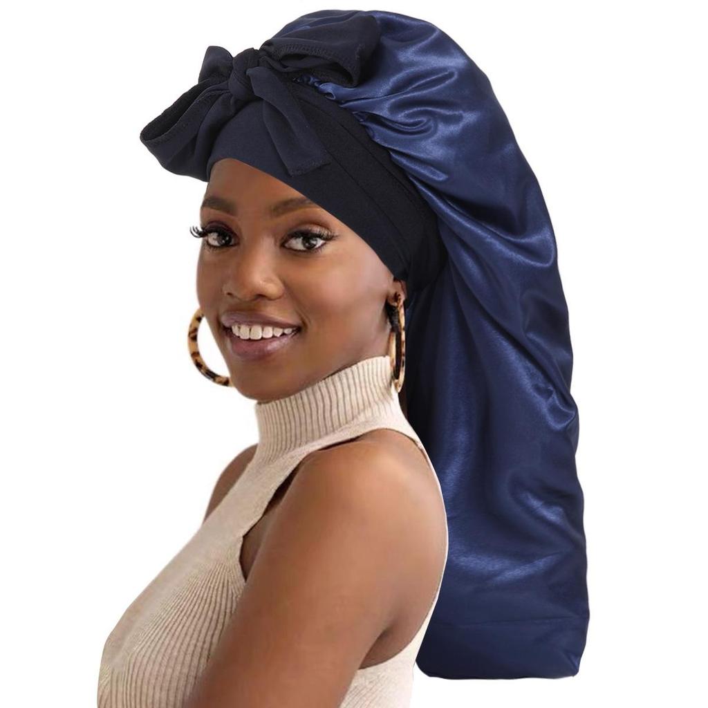 Bowknot Long Tail High Elastic Satin Sleep Cap and Bath Cap