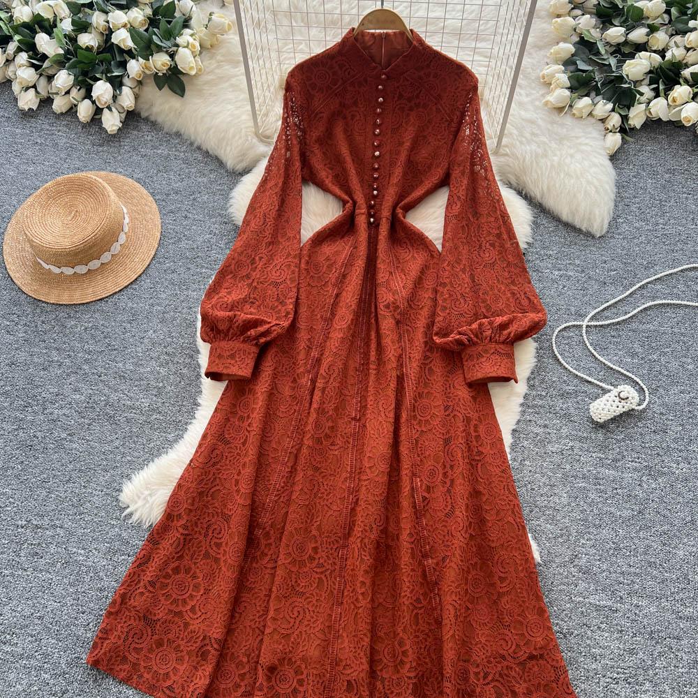 French Court Style Dress Women's Autumn High-end Single-breasted Waist and Thin Temperament Lace Long Dresses