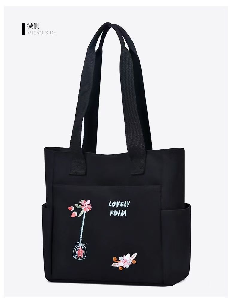 Women Oxford Cloth Tote Bag Embroidered Floral Large Capacity Shoulder Bag Zipper Handbag Multi Pocket Casual Shopper Bag