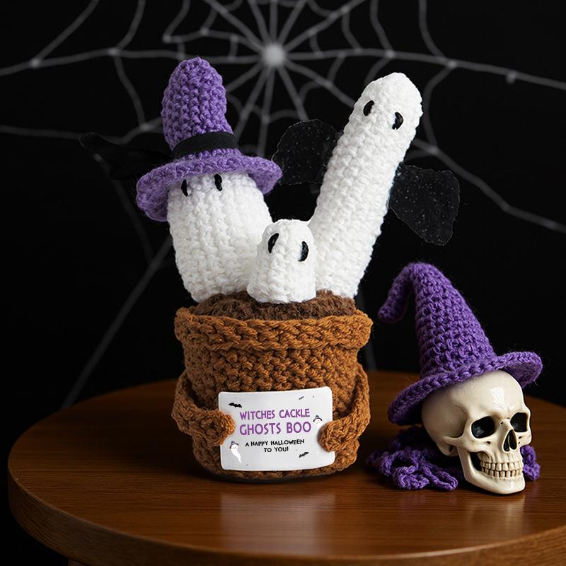New Crochet Ghost Plant Doll Desk Ornament Halloween Home Decoration Handmade Knitted Positive Energy Pumpkin Doll Party Gifts