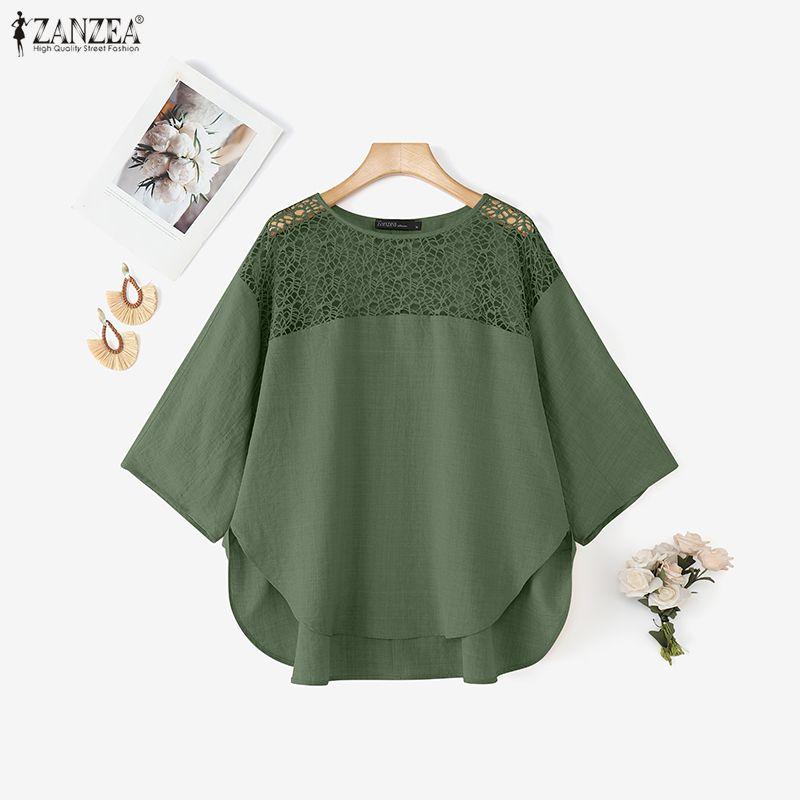 ZANZEA Women Hollow Lace Splice Round Neck Casual 3/4 Sleeve Blouse