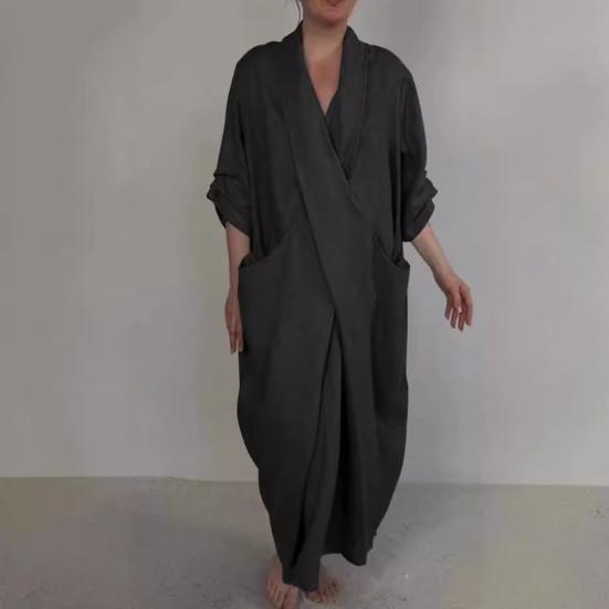 Spring Fall Maxi Dress Robe Baggy Cross V Neck Solid Color Large Pocket Retro A-line Bohemian