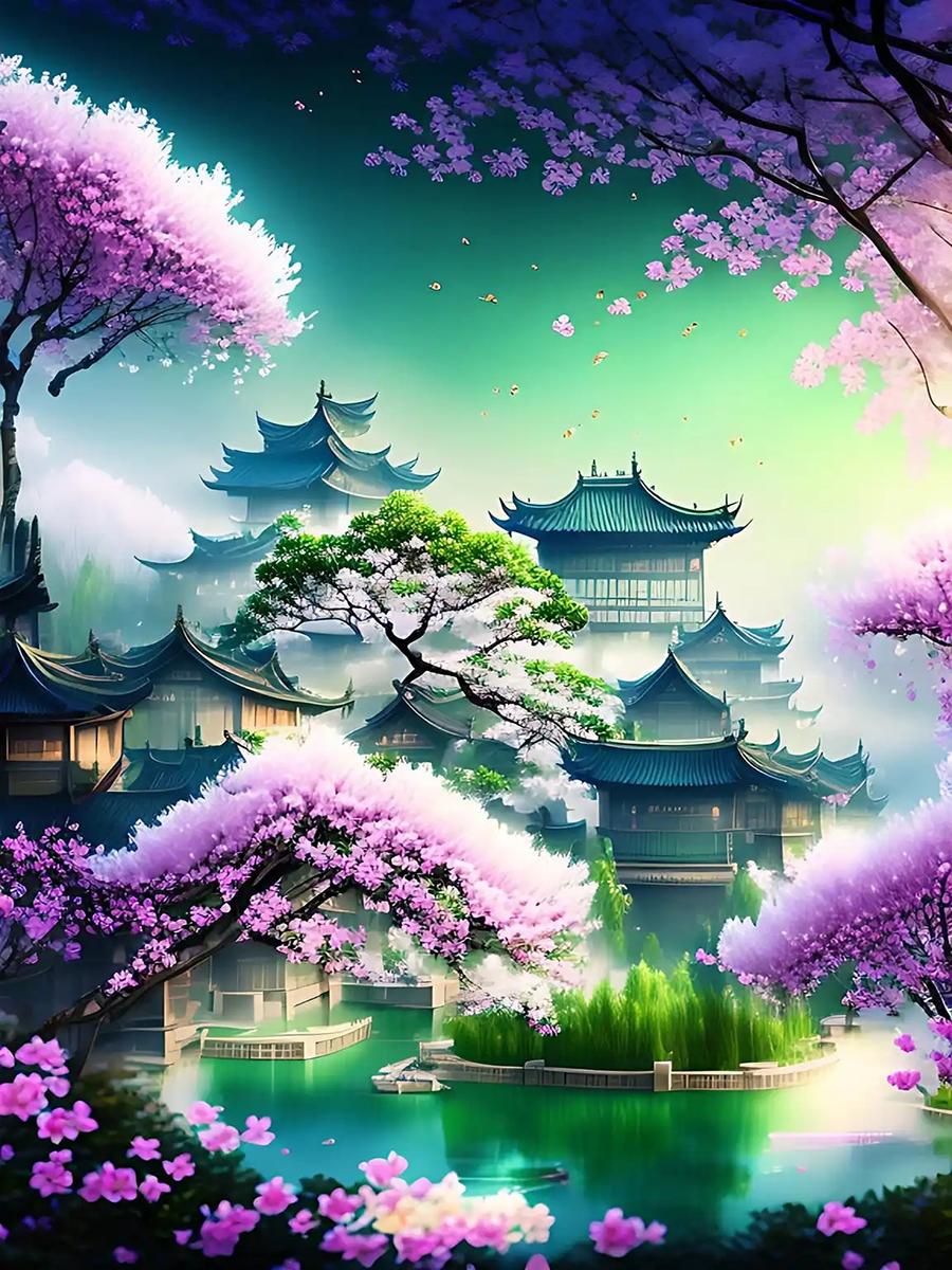 

5D Diy Алмазная вышивка Сакура Река Павильон Полный дрель Алмазная живопись Рукоделие Вышивка крестиком Домашний декор J3591 Full Round 40x50CM