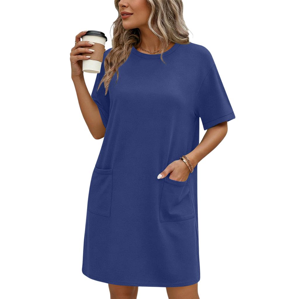 Women's Fashionable Loose-Fit Short-Sleeve Pocketed Loungewear Casual Dress