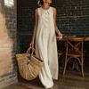 European and American summer cotton and linen dress round neck pleated breasted sleeveless vest long dress casual vacation style women's clothing