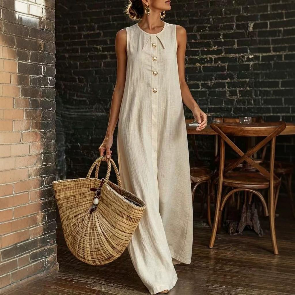 European and American summer cotton and linen dress round neck pleated breasted sleeveless vest long dress casual vacation style women's clothing