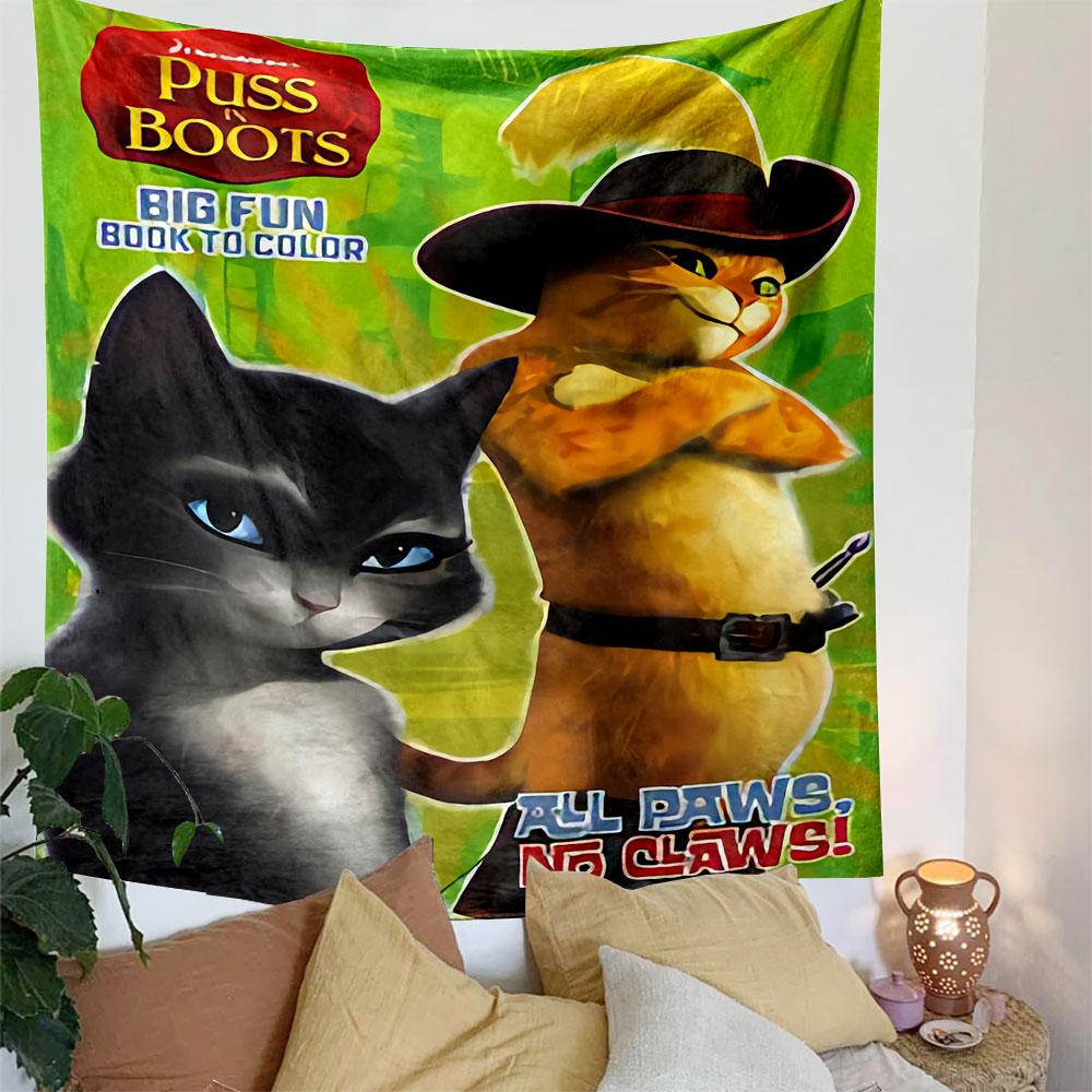 Puss in Boots Coloring Book Tapestry Wall Hanging, Big Fun Book Character Art, Playful Cartoon Wall Decor for Kids Bedroom