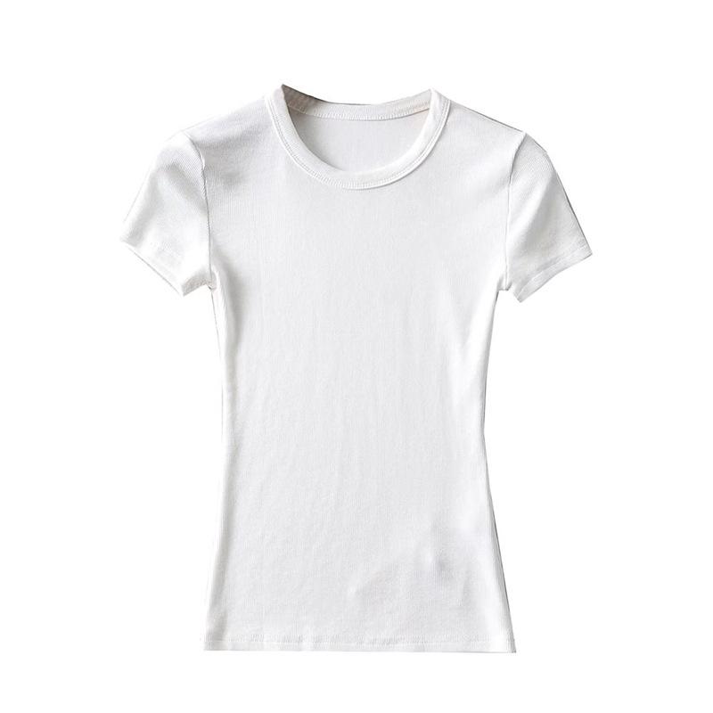 YPFF Summer Women's Solid Color Elastic Thread Basic Short-Sleeve Round Neck Top