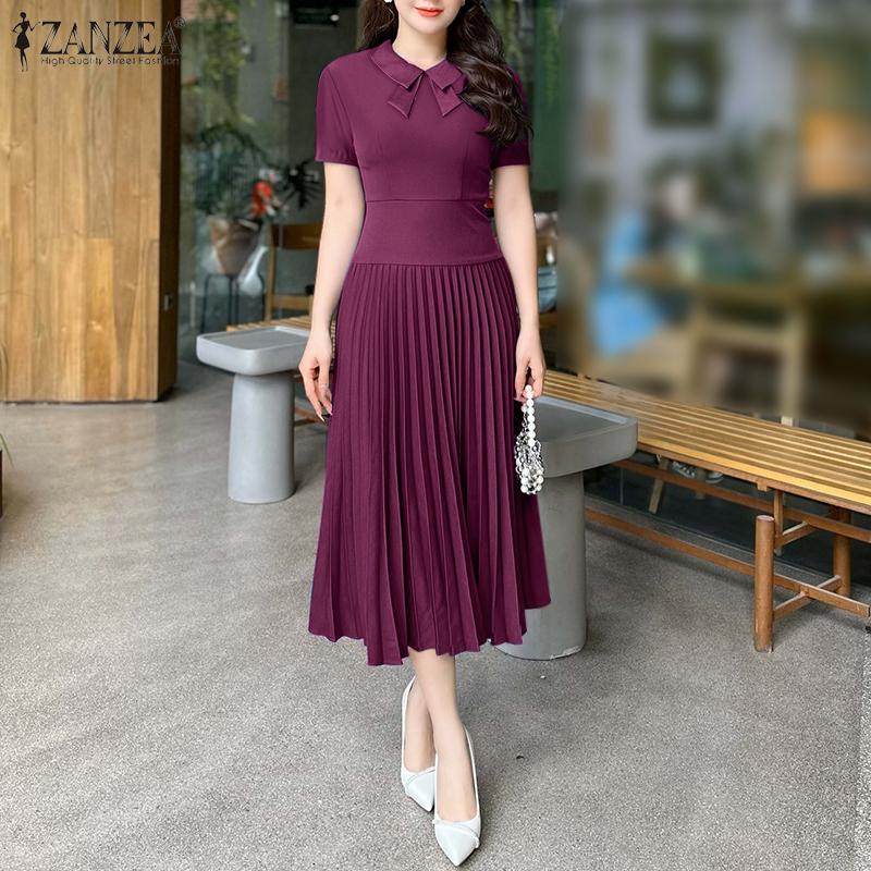 ZANZEA Damen Sommerkleid mit kurzen Ärmeln und lässigem Plissee