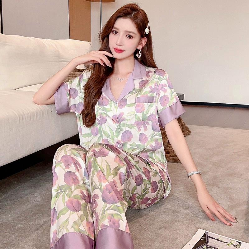 Women's Summer Short-Sleeve Ice Silk Pajamas In Purple Tulip Style