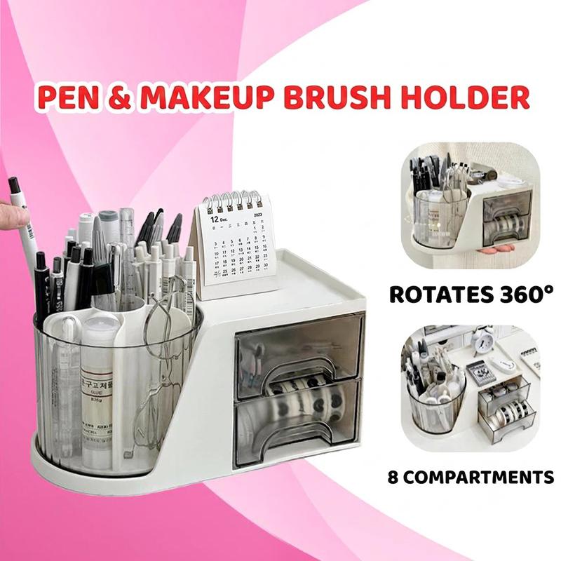 360° Rotating Desktop Pen And Makeup Brush Holder With Convenient Drawer Cosmetic Storage Box Large-Capacity Office Supplies
