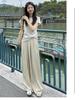 Petite Japanese Cool Elastic Waist Apricot Pants - Women's Summer High-Waist Loose Wide Leg