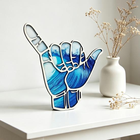 Hang Loose Hand Sign Wooden Sculpture Coastal Beach Surf Hand Gesture Figurine for Home Office Hotel Living Room Kitchen Bedroom Decor
