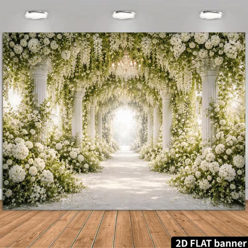 2D White Floral and Column Themed Backdrop Photo Background Banner
