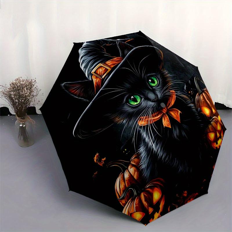 1pc Halloween Black Cat with Pumpkins Umbrella with Plastic Handle,Suitable for All Seasons Home Travel Outdoor UmbrellaM1197