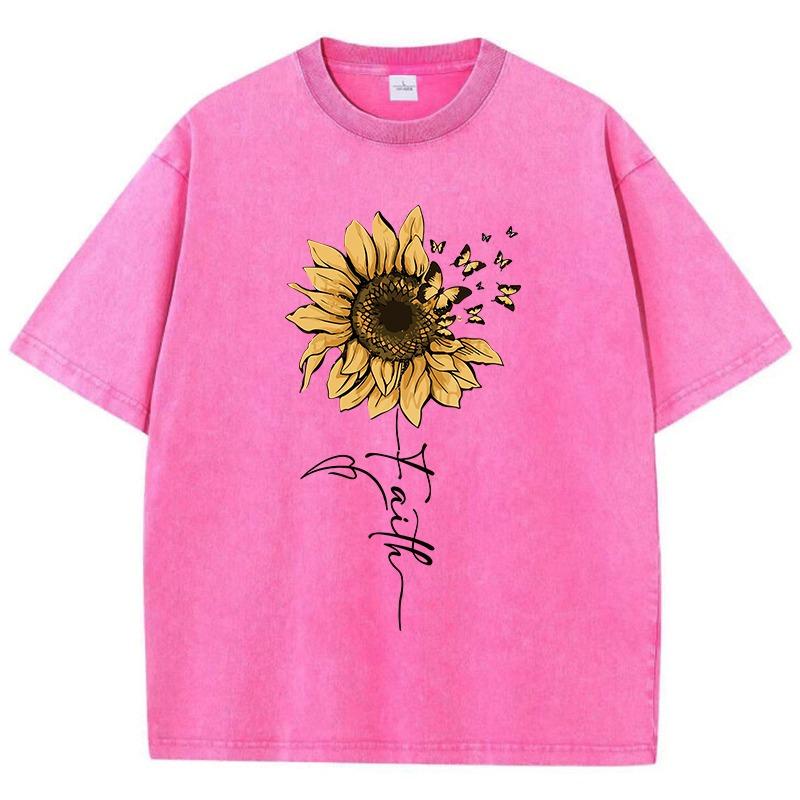 Sonnenblumen- und Schmetterlings-T-Shirt aus gewaschener Baumwolle für Damen, bedruckt, Oberteile, Sommer, O-Ausschnitt, übergroße T-Shirts, Vintage-Kleidung für schwarze Frauen