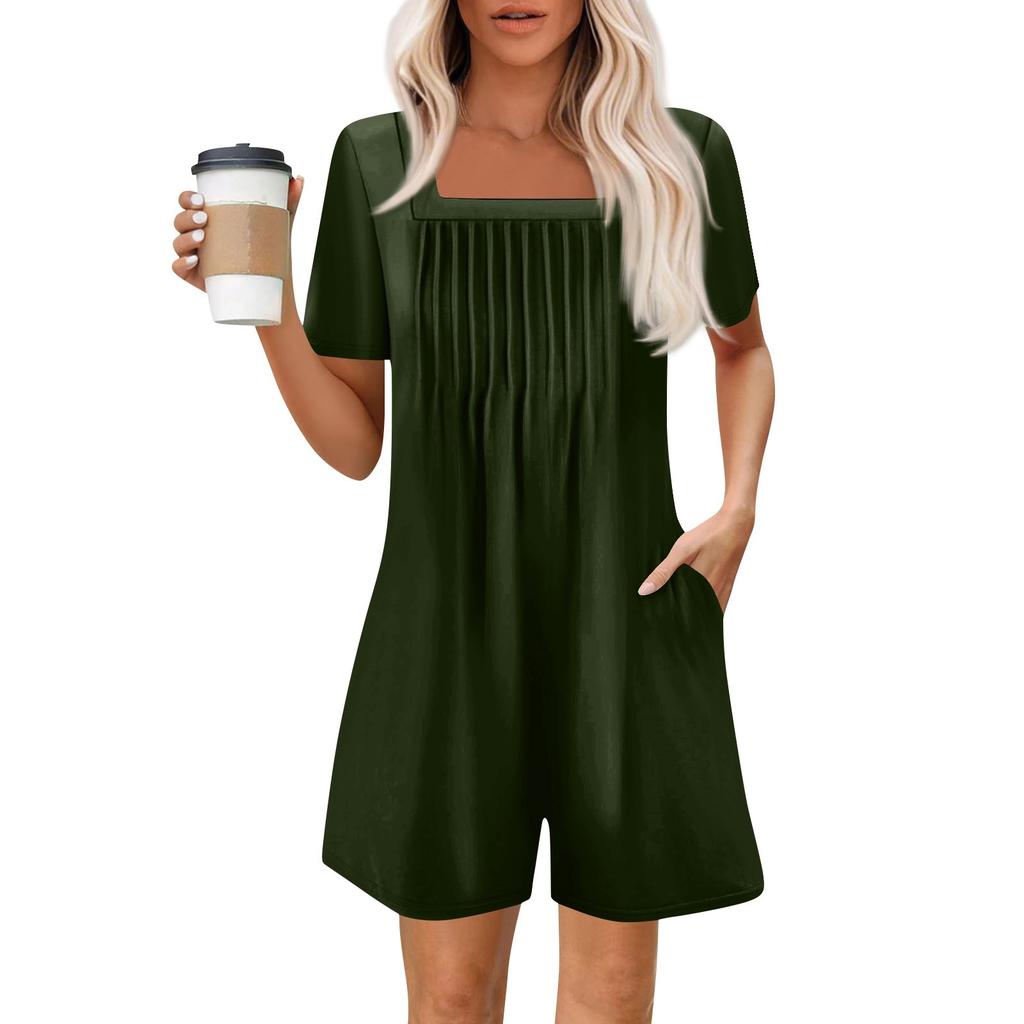 Damen Modischer und Lässiger Kurzarm-Plissee-Taschen-Jumpsuit Bedruckter Jumpsuit Shorts