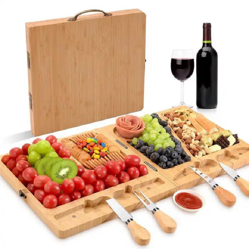 Bamboo Cheese Board with Knife Set and Drawer Tray