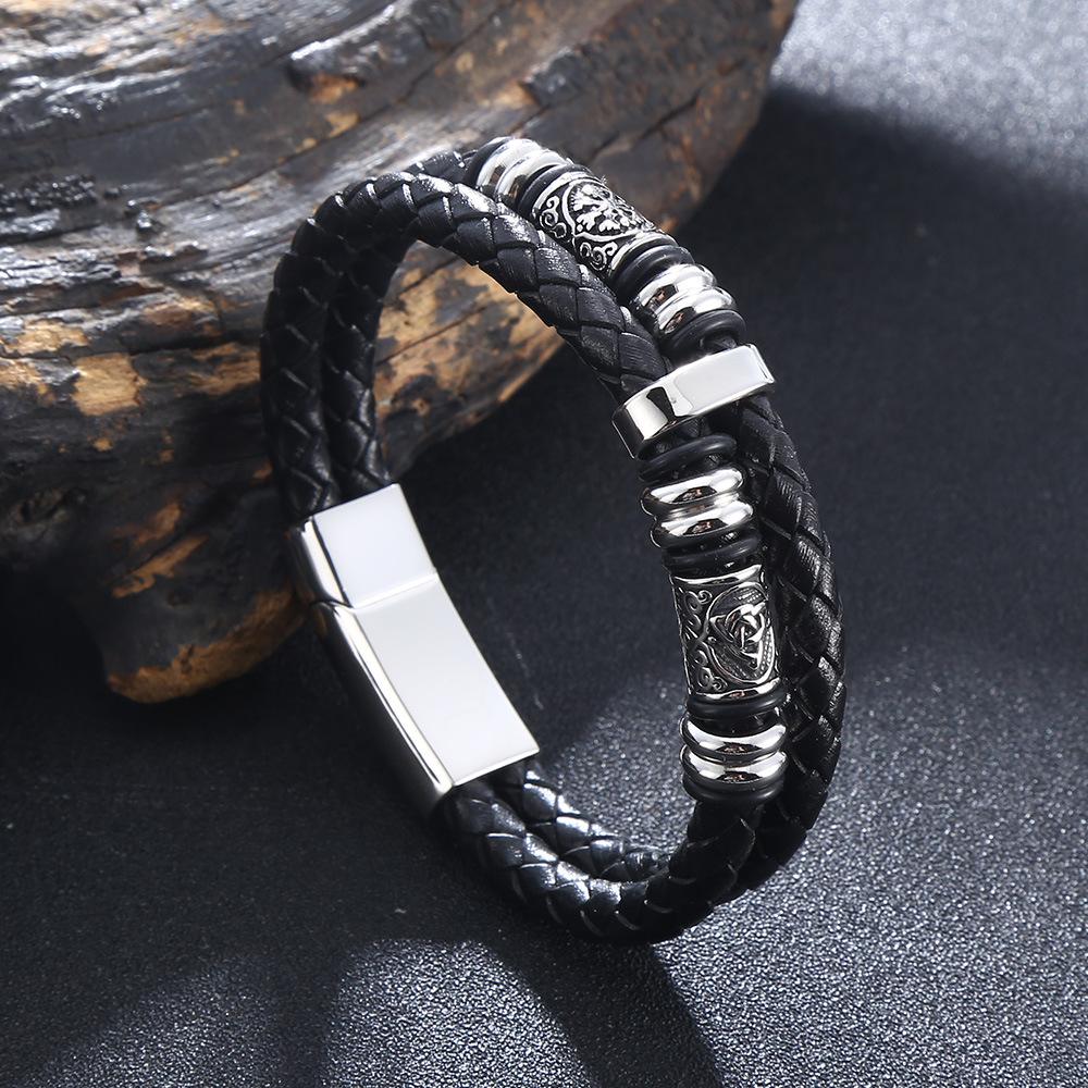 2026 Personalized Double-layer Leather Viking Bracelet, New Men s Retro Leather Bracelet, European and American Jewelry 16.5CM