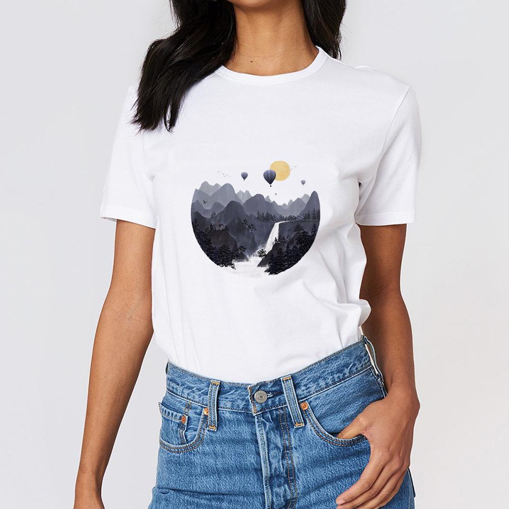 Vintage Art Mountain Graphic Tees Shirt Women 90S Harajuku Casual T Shirt Loose Summer Crewneck Clothing