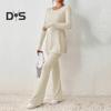 Women Two Pieces Suit Winter Autumn Knitted Long Sleeve Ribbed Slit Top High Waist Flared Trousers Set Fashion Outfit