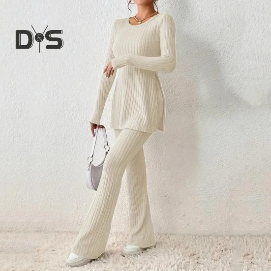 Women Two Pieces Suit Winter Autumn Knitted Long Sleeve Ribbed Slit Top High Waist Flared Trousers Set Fashion Outfit