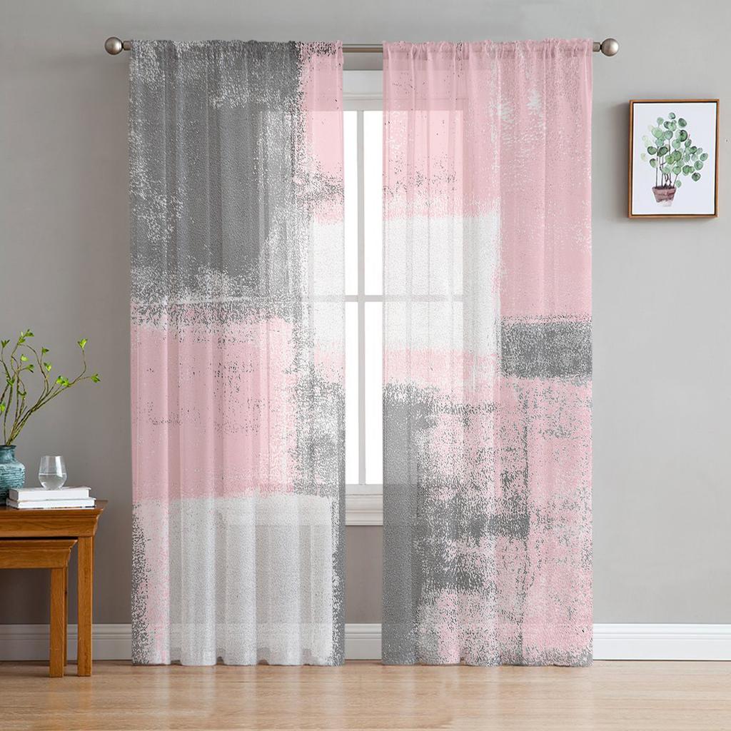 Pink Oil Painting Texture Paint Sheer Curtains for Living Room Decoration Window Curtains Kitchen Tulle Voile Organza Curtains