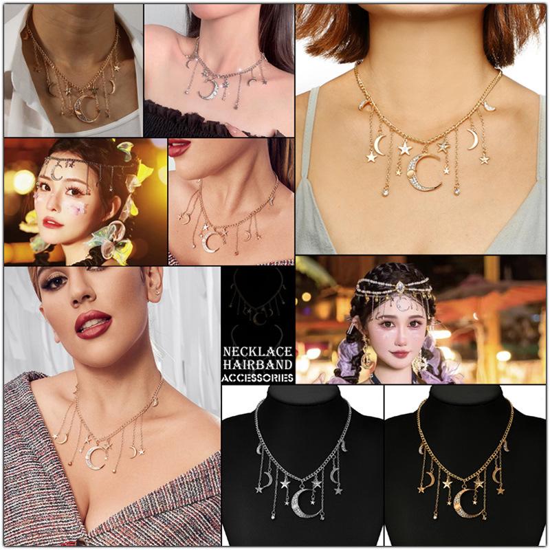 Star Moon Tassel Pendant Necklace - Inlaid Diamond Choker Clavicle Chain