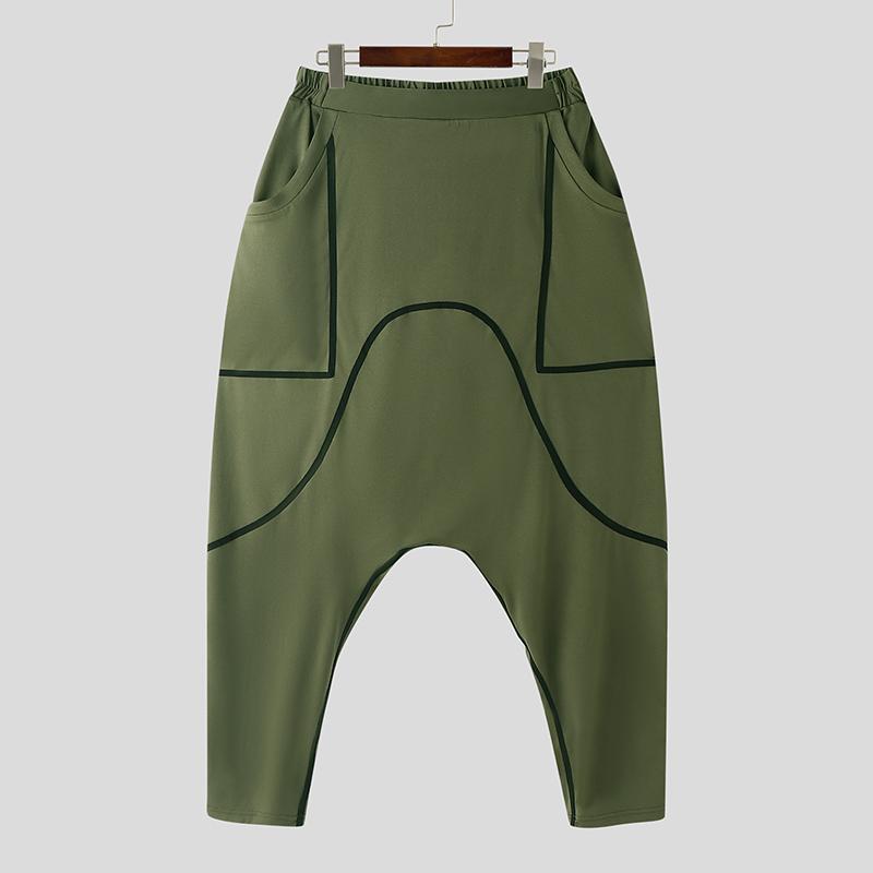 INCERUN Men Elastic Waist Splicing Casual Long Drop-crotch Pants Trousers 4XL