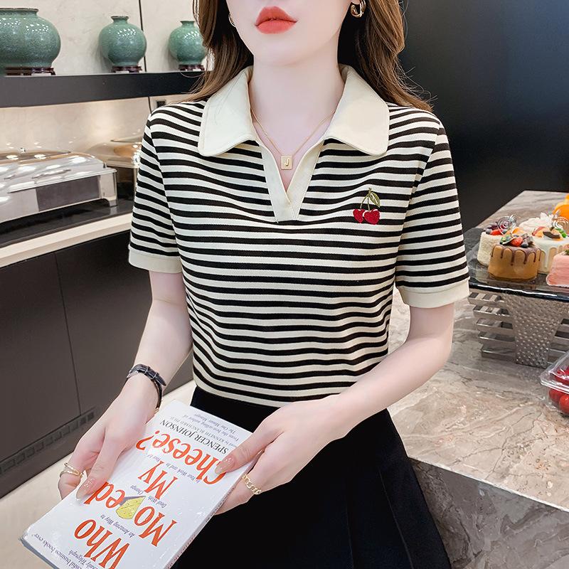 

Вышитая полосатая футболка-поло с короткими рукавами для женщин на лето, новая модная тонкая женская рубашка-топ 4XL