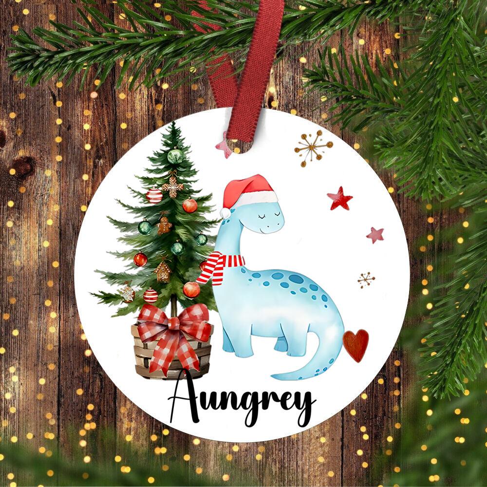Personalised Christmas dinosaur decoration, Xmas tree ceramic hanging ornament, gift bauble, first Christmas keepsake present