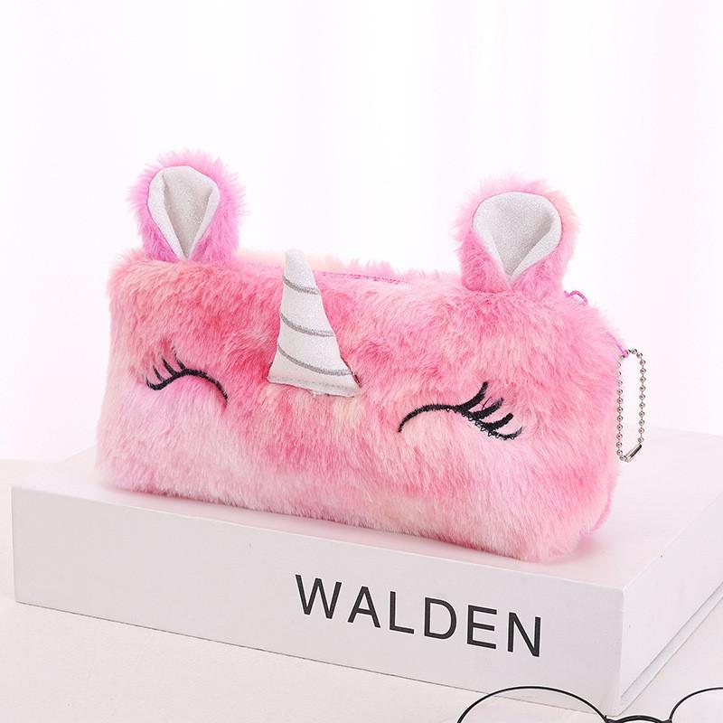 

Charming Pastel Unicorn Plush Large Capacity Pencil Case For Girls Cosmetic Organizer Rose