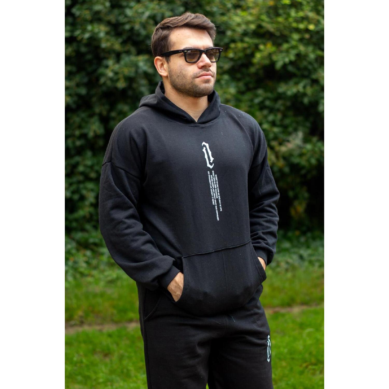 

Мужской черный спортивный костюм большого размера с капюшоном и эластичным поясом на запястьях с вертикальным принтом букв 23eestdyko