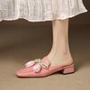 Fashion New Summer Slippers Genuine Leather Slippers for Women Fashion Flower Decoration Square Toe Low Heels Cover Toe Slippers Sandals