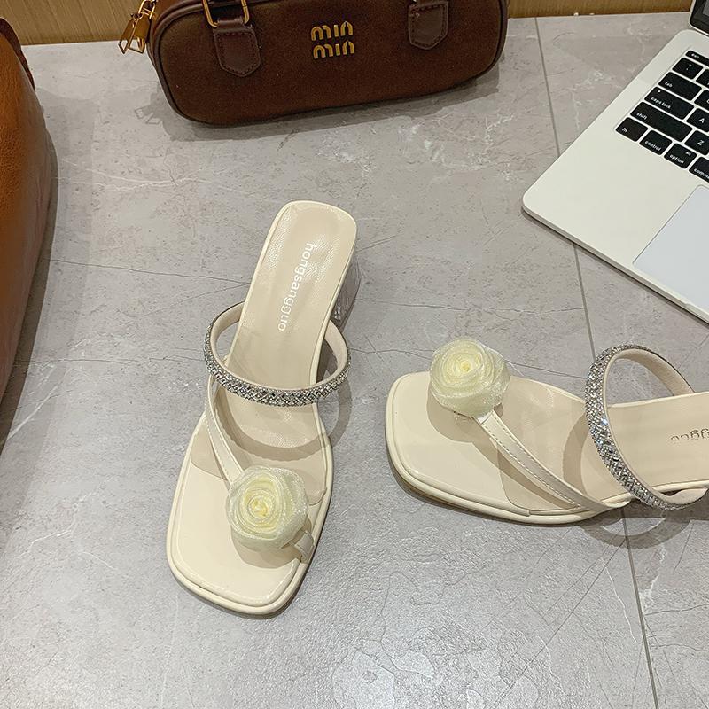 French Style Chunky Heel Rhinestone Slippers Women's Outdoor Summer Fairy Atmosphere Cool Slippers Korean Version Rubber Sole