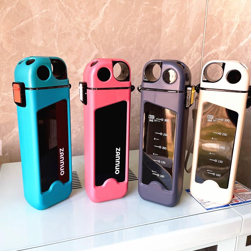 350ml Sports Water Cup Square Student Plastic Water Bottle Fitness Cup Straw Kettle Leak-proof Travel Outdoor Drinking Utensil